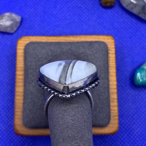 Comfort Curl Natural Blue Opal Adjustable Ring! .925 Sterling Silver Overlay - Picture 5 of 17